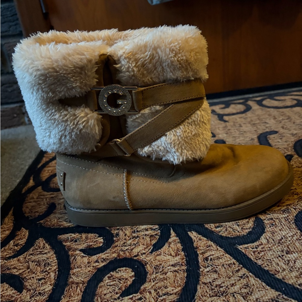 G by Guess Tan Ankle Boots with Cream Fur